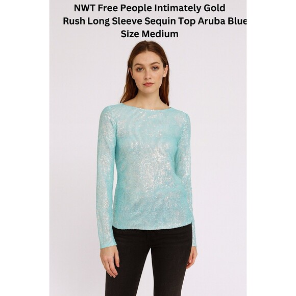 Free People Intimately Free Gold Rush Long Sleeve Sequin Top Aruba Blue NEW M - Picture 2 of 15
